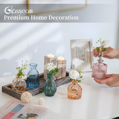 Glasseam Glass Bud Vases for Flower: 5 Pcs Small Vases with Wooden Tray - color: Colorful-embossed