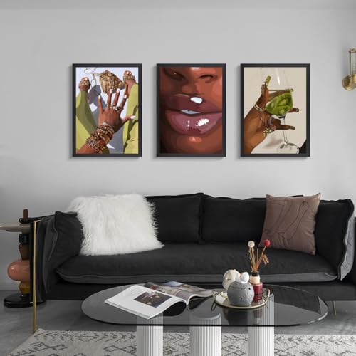 Hianan Wood Framed Fashion Black Woman Wall Art Set of 3, 12x16 in - color: Yellow-Green(Wood), size: 16"L x 12"W