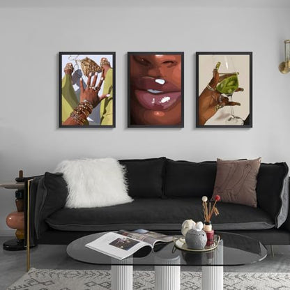 Hianan Wood Framed Fashion Black Woman Wall Art Set of 3, 12x16 in - color: Yellow-Green(Wood), size: 16"L x 12"W