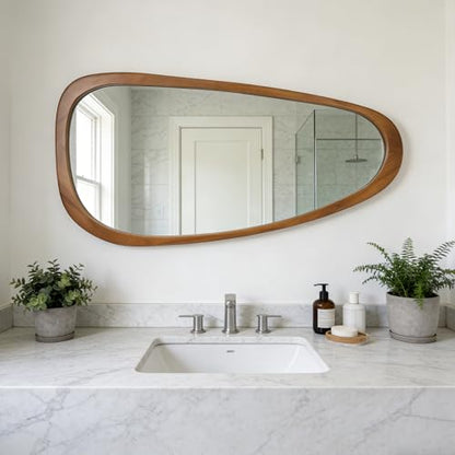 Irregular Asymmetrical Wall Mirror Full Length, 48"x22" Wooden Framed - color: Wood, size: 48"L x 22"W