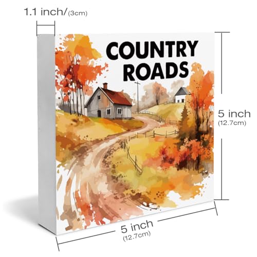 Fall Decor Rustic Farmhouse Fall Wooden Box Sign Country Roads Decorations Country Home Desk Shelf Tabletop Decor 5 x 5 Inches - color: Multicolor COUNTRY