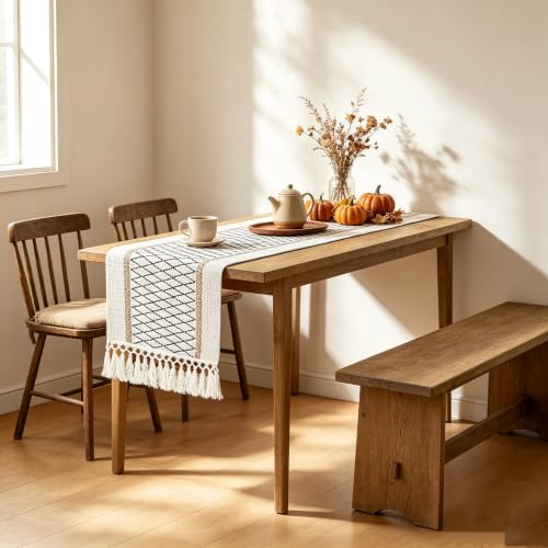 yuboo 72 Inch Boho Farmhouse Table Runner - color: Black&beige, size: 72 inch