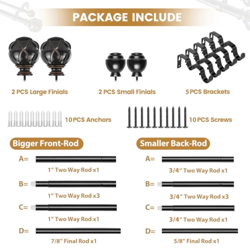 KAMANINA Double Curtain Rod 140 to 180 Inch, Extra Long, Adjustable, Black - color: Black, size: 140-180"