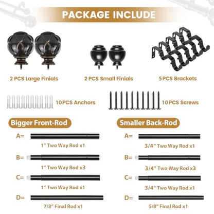 KAMANINA Double Curtain Rod 140 to 180 Inch, Extra Long, Adjustable, Black - color: Black, size: 140-180"