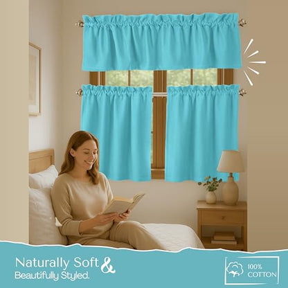Native Fab Kitchen Window Curtains, 3 Piece Set, Valance 54x18, Tiers 26x36 Inch, Rod Pocket, Semi Sheer, Privacy Tiers with Topper, Durable, Great for Beach House, Bathroom, Dining Area, Ocean Blue - color: Ocean Blue