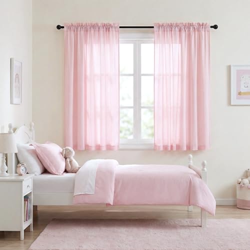 NICETOWN Pink Privacy Sheer Curtains 63 Inches Long That Let Light in, Non-See-Through Semi Sheer Curtains Light Filtering Window Drapes for Nursery, Girls' Room, Rod Pocket Top 2 Panels, W42 x L63 in - color: Pink, size: 42"W x 63"L (Pack of 2)