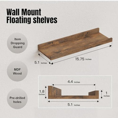 RICHER HOUSE 5-Set Floating Shelves with Lip, Brown Wall Mounted Wood Shelf - color: Brown, size: 16in