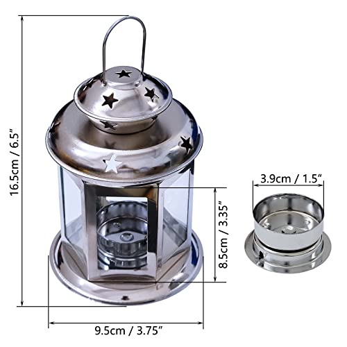 2 Pcs European Design Antique Glass Hanging Candle Lanterns with Stars Metal Frame Candlestick Holder Night Lamp, Romantic Xmas Wedding Party Decoration, Original Package (Silver) - color: Silver