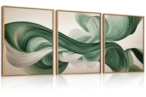KAIRNE Green Abstract Waves Lines Framed Canvas Wall Art Set-12"x16"x3 - color: Abstract Wave Wall Art, size: 12"L x 16"W