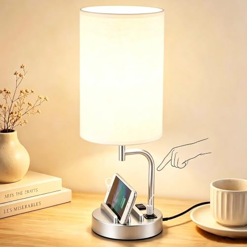 Dreamholder Touch Control USB Table Lamp with USB C/A & AC Outlet, 3-Way Dimmable Bedside Lamp, Modern Nightstand Lamps for Bedroom Living Room Guest Room Office, Bulb Included, Silver - color: Silver