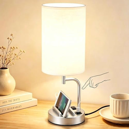 Dreamholder Touch Control USB Table Lamp with USB C/A & AC Outlet, 3-Way Dimmable Bedside Lamp, Modern Nightstand Lamps for Bedroom Living Room Guest Room Office, Bulb Included, Silver - color: Silver