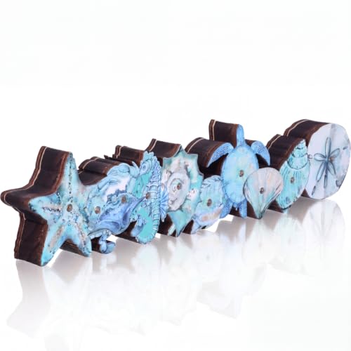 Yousoontic Summer Ocean Table Decorations with LED Lights, 3D Coastal Wooden Centerpieces for Tables, Nautical Starfish Turtles Beach Table Decor for Home Mantel Desk, Summer Party Decorations - style: Ocean
