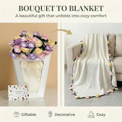 Carnation Crochet Flower Bouquet Blanket, Handmade Knitted Throw Blanket - color: Tricolor Carnation, size: Medium