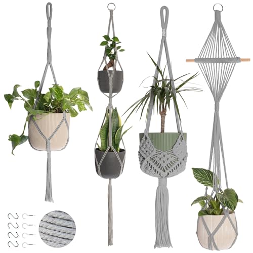 Nook Theory 4-Pack Macrame Plant Hangers with 8 Hooks - Hanging Planters for Indoor Plants, Boho Macrame Hangers Indoor Outdoor, Decorative Plant Hanger Indoor (Light Gray) - color: Light Gray 4-pack, size: 4 Pack