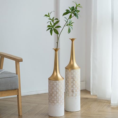 Sziqiqi Tall Floor Vase, Rustic White and Gold Slender Vases, Set of 2 - style: White Floor Vases