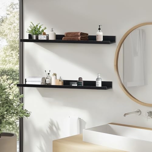 Muzilife 55" Large Floating Shelves Wood Wall Shelf with Lip, 2Pcs, Black - color: Black, size: 55"