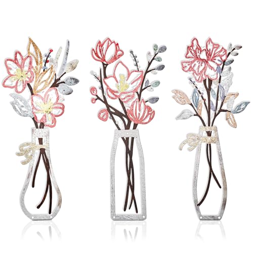 Embewhis Wall Decor Metal Flowers 3pcs, Rustic Farmhouse Flower Sculptures, 13.7" Wall Art Decor, Drill-Free Install Option for Living Room, Kitchen, Bedroom & Bathroom - size: H