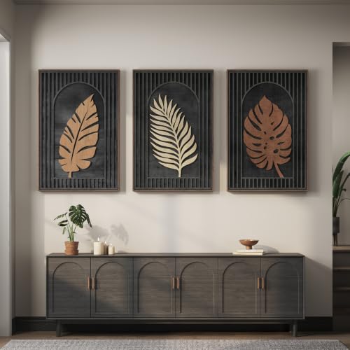Framed 3D Wood Tropical Botanical Textured Wall Decor Living Room, 24x36 In - color: Black Brown