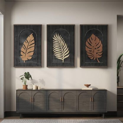 Framed 3D Wood Tropical Botanical Textured Wall Decor Living Room, 24x36 In - color: Black Brown