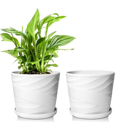 6 Inch Plant Pot,Ceramic Planter with Drainage and Saucer(6.7 In Diameter) - color: Pure White, size: 6.7 Inch-2 Pack