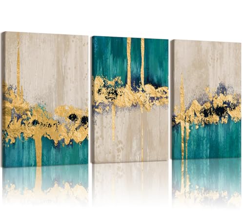 RZIGERNO 3 Pcs Green and Gold Abstract Wall Art Modern Luxury Framed Canvas Prints 16x24 Inch MinimalismTextured Painting Poster Wall Decor for Living Room Bedroom Office - color: Gold and green abstract, size: 24"L x 16"W