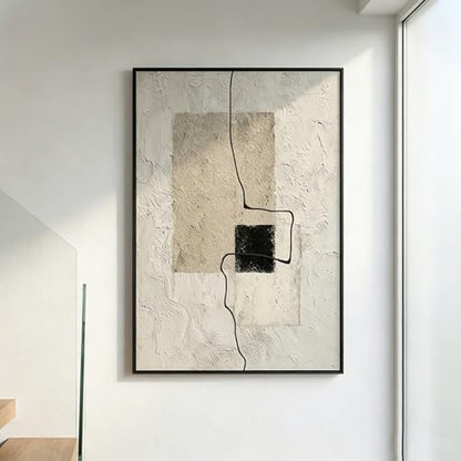QKF Minimal Geometric 3D Texture Black Aluminum Frame Canvas Wall Art - color: Light Brown & Beige