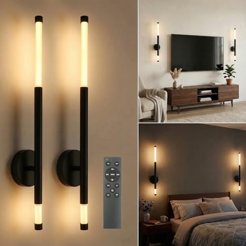 Battery Operated Wall Sconce Set of 2 Peel and Stick with Remote - color: Black