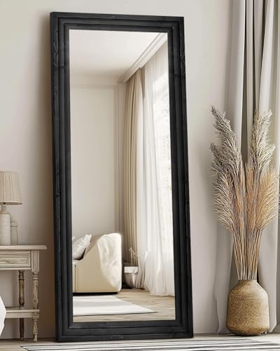 71x30in Full Length Mirror, 3-Tier Stepped Solid Wood Frame, Black - color: Black, size: 71"L x 30"W