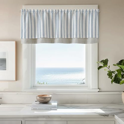 jinchan Striped Linen Valance 18 Inch Farmhouse 1 Panel Blue on Beige - color: Striped Blue on Beige, size: 50"W x 18"L (Pack of 1)