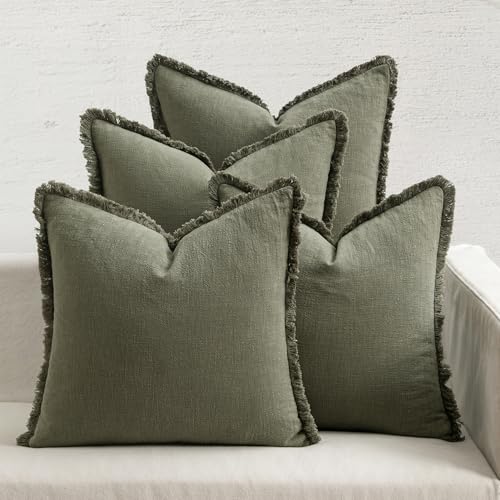 MIULEE Fall Linen Fringe Pillow Covers Set of 4 18x18 Olive Green - color: Olive Green, size: 18" x 18" (Pack of 4)