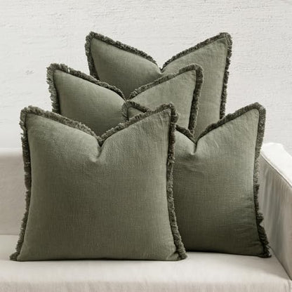 MIULEE Fall Linen Fringe Pillow Covers Set of 4 18x18 Olive Green - color: Olive Green, size: 18" x 18" (Pack of 4)
