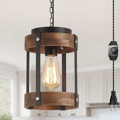 Rustic Farmhouse Plug in Pendant Light Fixture with Adjustable Chain, Dimmable Switch, Oak Wood and Metal Drum Cage Mini Hanging Lamp for Kitchen Island Living Room Hallway Farmhouse Bar, Black - size: Small 1-Pack Hanging Lamp