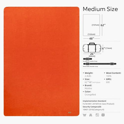 Molithe 100% Wool Blanket, 62" x 48", Warm, Thick, Military, Camping Gear - color: Orangered, size: Medium
