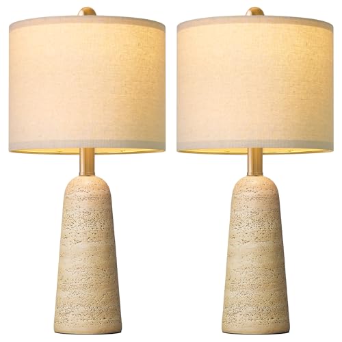 BOBOMOMO 21" Modern Table Lamps Set of 2, Warm Beige Resin Lamp with Stone Look, Small Bedside Lamps for Bedroom, Cozy Nursery Lamps with Linen Shades, Nightstand Lamp for Small Spaces, Entryway - color: Warm Beige, size: 21"