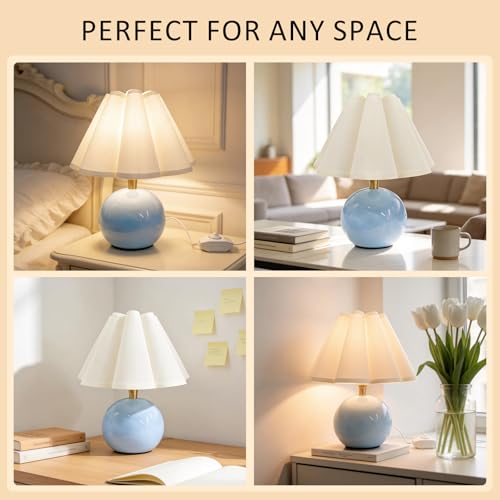 Small Bedside Table Lamp, 11.8'' Ceramic Stepless Dimmable Lamp (Blue) - color: Blue