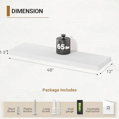 Vivelove 48 Inch White Floating Shelves, 12 Inches Deep Shelves, Set of 2 - color: White, size: 48”wx12”dx1.5”h