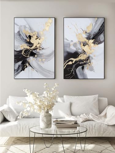 SAFERRYHOME Framed Abstract Black and Gold Modern Wall Art, Large 24"x36"x2 - color: Black Gold 1, size: 24" x 36" x 2 Panel Framed