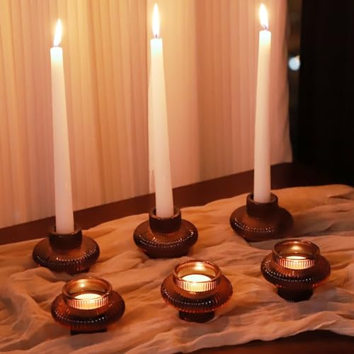 VOHO 6pcs Brown Candlestick Holders, Fall Amber Candle Sticks Holder Decor - color: Brown