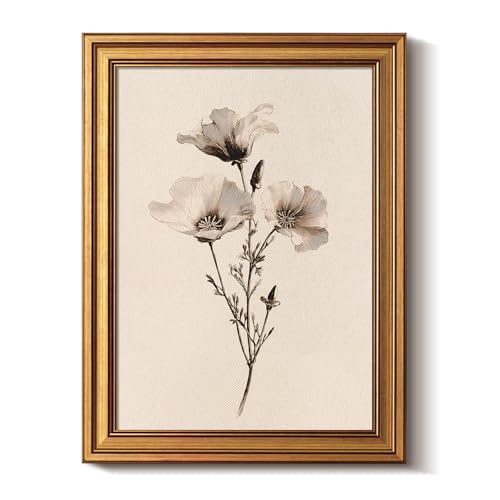 Bzstyleart Vintage Wall Art Decor for Living Room, Canvas Framed Flower Wall Art, Sketch Poppy Flower Picture Painting, Vintage Room Decor Aesthetic for Bedroom Kitchen, California, 12L x 16W - color: Sketch Poppy, size: 16"L x 12"W