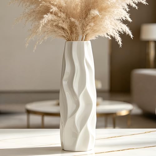 White Ceramic Flower Vase, 12 Inch, Pleated Wave Design