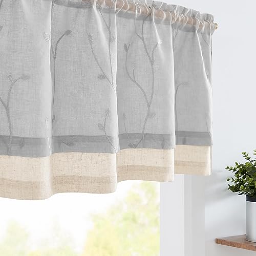 jinchan Linen Kitchen Valance Sheer Leaf Embroidered 18 Inch 1 Panel Grey - color: Leaf | Gray