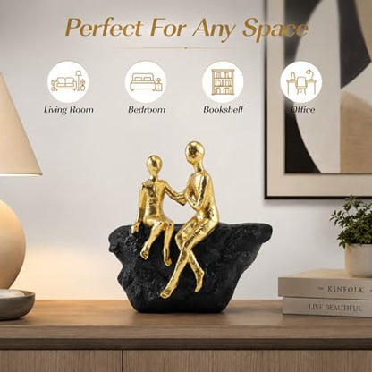 Gold Abstract Couple Sculpture, Romantic Love Statue with Black Base