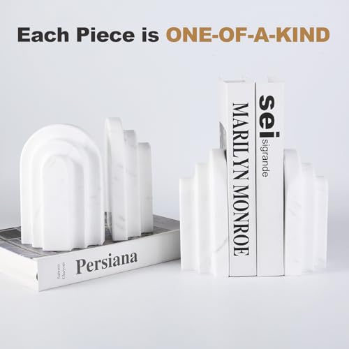 Natural Marble Book Ends - Heavy Duty Bookends for Shelves - Aesthetic Layered Arch Design Stone Book Holders, Decorative Modern Office Bookshelf Stopper Decor for Books/CDs, White - style: Arched-White