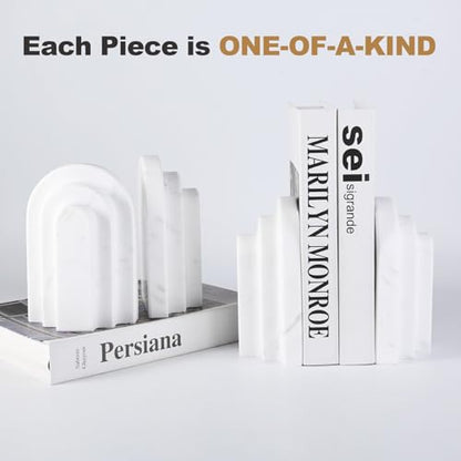 Natural Marble Book Ends - Heavy Duty Bookends for Shelves - Aesthetic Layered Arch Design Stone Book Holders, Decorative Modern Office Bookshelf Stopper Decor for Books/CDs, White - style: Arched-White