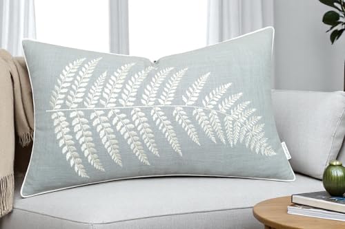 Rudransha Botanical Fern Leaf Embroidery Lumbar Pillow Cover - 12x18 Robin’s Egg Cotton - color: Robins Egg-ferny, size: 18" x 12" (Pack of 1)