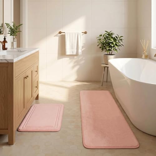 Pink Bathroom Rugs Memory Foam Bath Mat Runner Rug Set of 2 - color: Pink, size: 17 in x 24 in and 16 in x 47 in