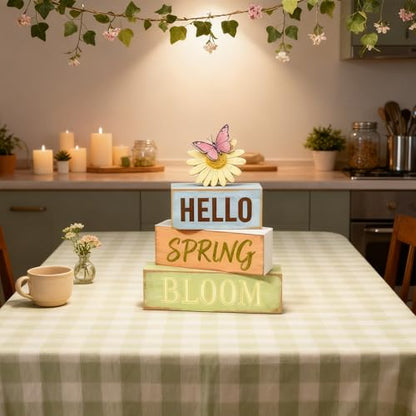 Spring Decoration Wooden Tiered Tray Decor – Rustic Hello Spring Bloom Stacked Block Sign with Butterfly Daisy Topper – Farmhouse Tabletop Spring Decor for Living Room Shelf Kitchen Coffee Bar Seasonal Home Display - style: Butterfly