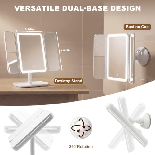 Trifold Makeup Mirror with Lights, 3000mAh Vanity Mirror | 3X/2X/1X Magnification Suction&Stand Base, 360° Adjustment Rechargeable Mirror for Travel/Bedroom/Dorm, Gifts for Women