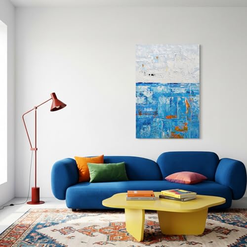 Modern Abstract Blue Textured Oil Painting Canvas Wall Art for Living Room - color: Blue White, size: 24"L x 36"W