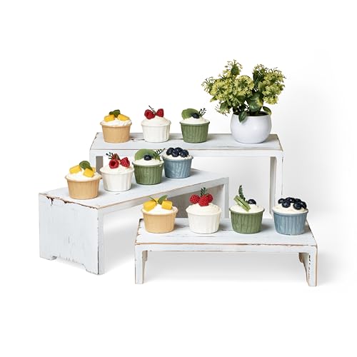 DAOYOUSKY Set of 3 Wooden Rustic Cupcake Stand for 24 Cupcakes, Stepped Wood Display Stand for Weddings, Tiered Party Buffet Table Display Nesting Riser for Food , Dessert, Cookie, Craft Show, White - color: White